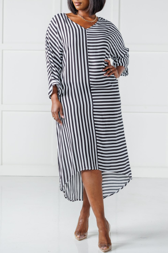Black Fashion Casual Striped Print Split Joint V Neck Long Sleeve Dresses