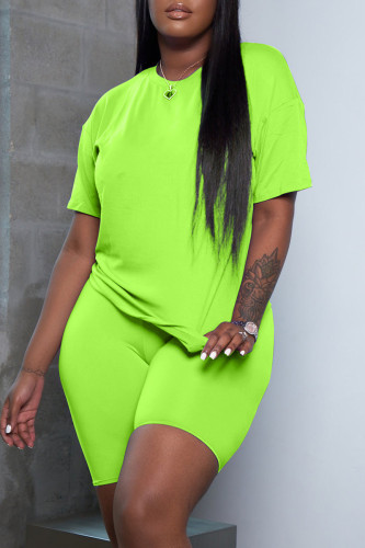 Fluorescent Green Fashion Casual Solid Basic O Neck Short Sleeve Two Pieces