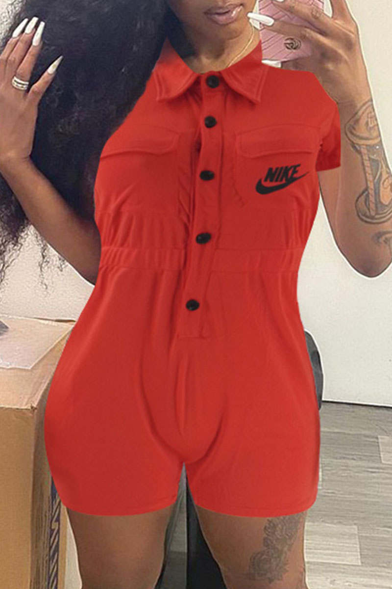 

Red Fashion Casual Print Letter Turndown Collar Jumpsuits