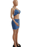 Blue Sexy Solid Bandage Patchwork Backless Halter Sleeveless Two Pieces