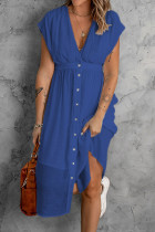 Diepblauwe casual effen patchwork rechte jurken met V-hals