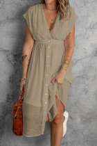 Khaki Casual Solid Patchwork V Neck Straight Dresses