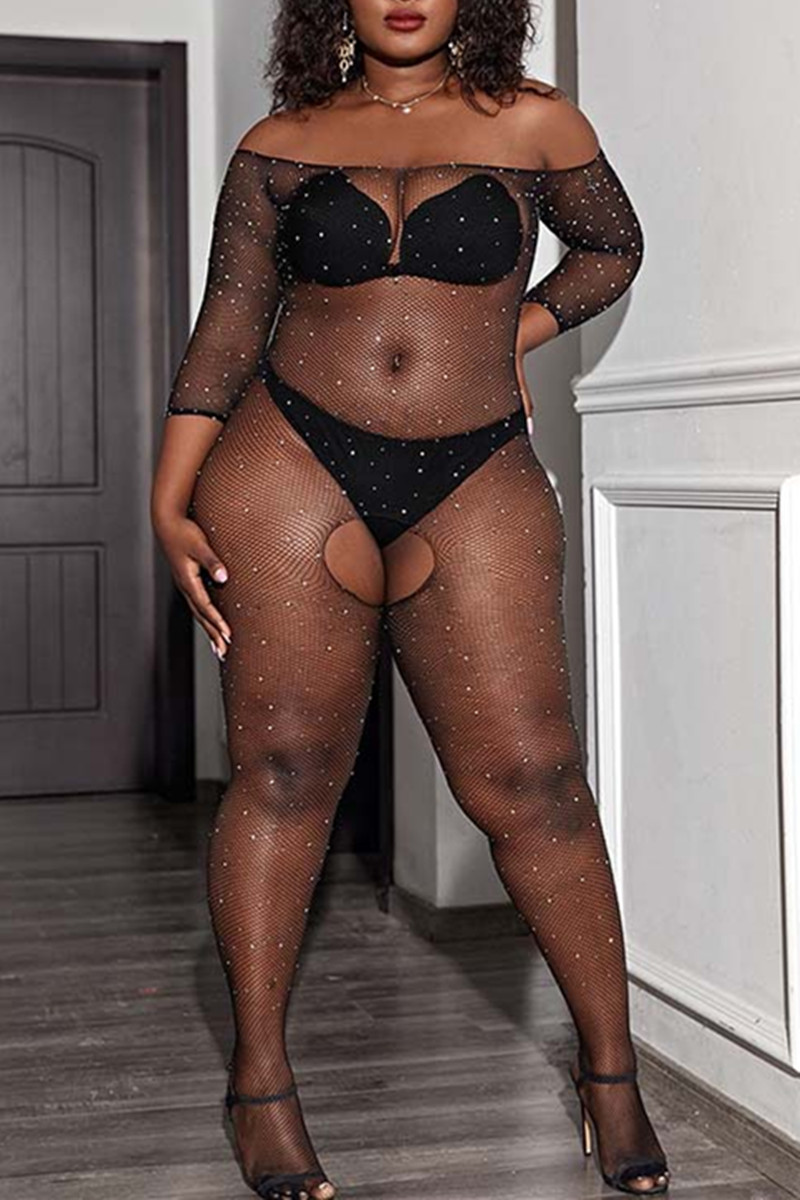 

Black Fashion Sexy Solid Hollowed Out See-through Backless Off the Shoulder Plus Size Jumpsuits