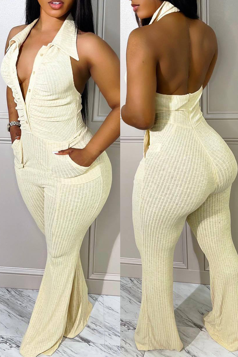 

Beige Sexy Casual Solid Backless Fold Turndown Collar Skinny Jumpsuits