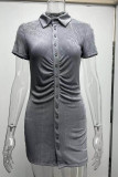 Grey Casual Solid Patchwork Buckle Fold Turndown Collar One Step Skirt Dresses