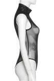 Pagliaccetto skinny a collo alto semitrasparente con perforazione a caldo sexy alla moda nera