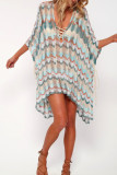 Lake Blue Sexy Print Hollowed Out Patchwork Swimwears Cover Up
