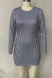 Stripe Casual Striped Print Patchwork O Neck One Step Skirt Plus Size Dresses