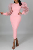 ピンクのファッションカジュアルソリッドパッチワークOネック長袖ドレス