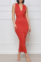 Red Fashion Sexy Solid Backless Fold V-hals Mouwloze Jurk