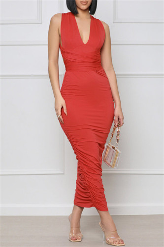 Red Fashion Sexy Solid Backless Fold V Neck Sleeveless Dress
