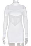 Moda branca sexy sólido patchwork transparente meia gola alta vestidos de manga comprida