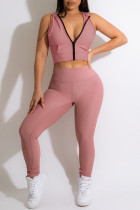 ピンクファッションカジュアルソリッドベーシックフード付きカラーノースリーブツーピース