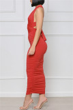 Red Fashion Sexy Solid Backless Fold V-hals Mouwloze Jurk