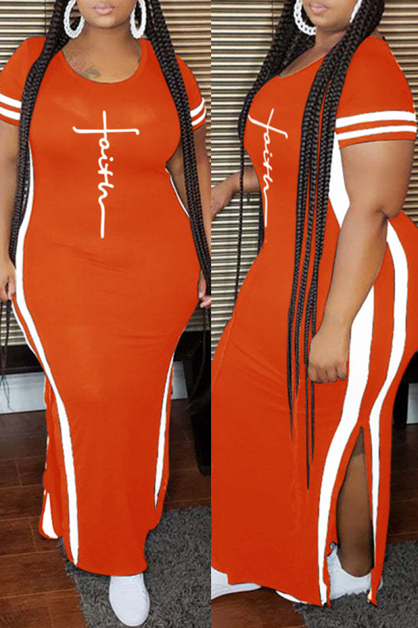 Oranje mode casual plus size print spleet O-hals korte mouw jurk