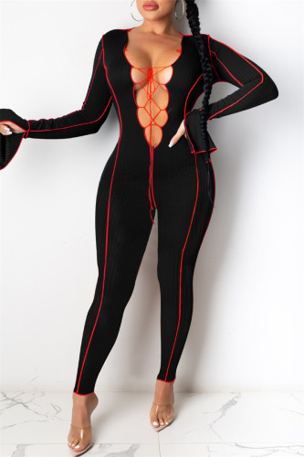 Black Fashion Casual Solid Hollowed Out Patchwork V Neck Skinny Jumpsuits