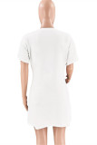 White Fashion Casual Letter Print Basic Oblique Collar Short Sleeve Dress Dresses