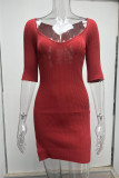 Red Sexy Solid Patchwork U Neck Pencil Skirt Dresses