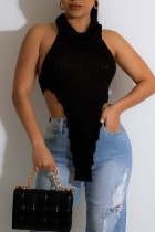 Black Sexy Solid Patchwork Backless Asymmetrical Turtleneck Tops