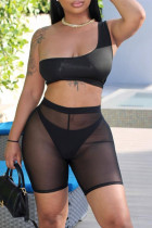 Mode noire Sexy solide transparent dos nu une épaule sans manches deux pièces