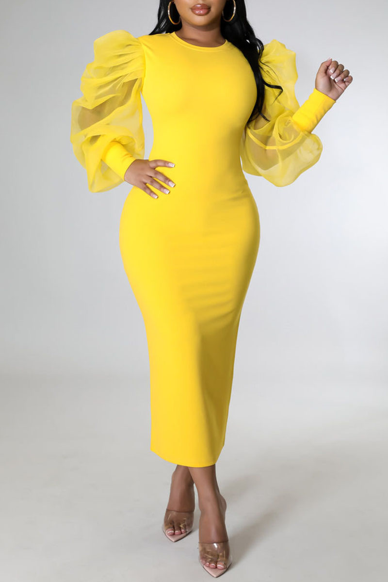 

Yellow Fashion Casual Solid Patchwork O Neck Long Sleeve Dresses