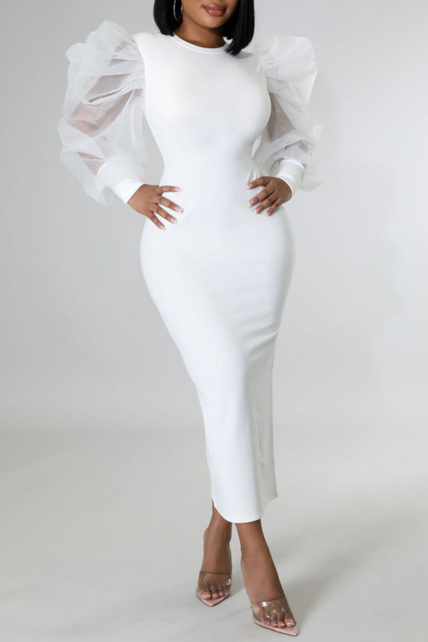 ホワイトファッションカジュアルソリッドパッチワークOネック長袖ドレス