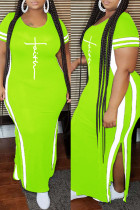Fluorescerende groene mode casual plus size print spleet O-hals korte mouw jurk