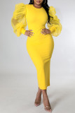 Желтые модные повседневные однотонные лоскутные платья с круглым вырезом и длинными рукавами