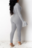 Grey Fashion Casual Solid Hollowed Out Patchwork V Neck Skinny Jumpsuits