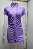 Light Purple Casual Solid Patchwork Buckle Fold Turndown Collar One Step Skirt Dresses