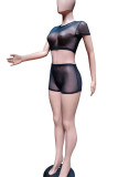 Black Sexy Solid Patchwork See-through O Neck Short Sleeve Two Pieces