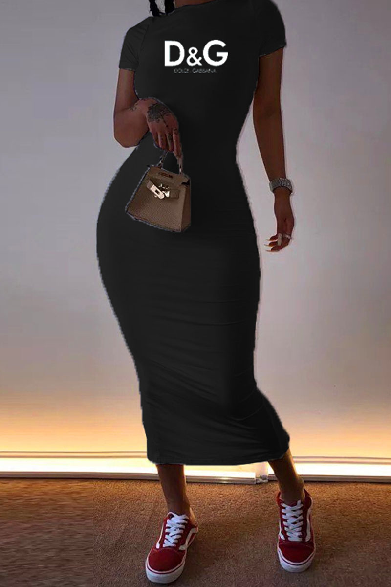 

Black Fashion Sexy Print Letter O Neck One Step Skirt Dresses