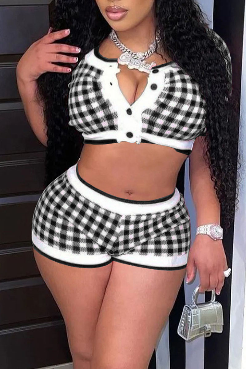 

Black Sexy Plaid Print Split Joint Buckle Short Sleeve Two Pieces
