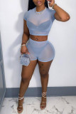 Light Blue Sexy Solid Patchwork See-through O Neck Short Sleeve Two Pieces