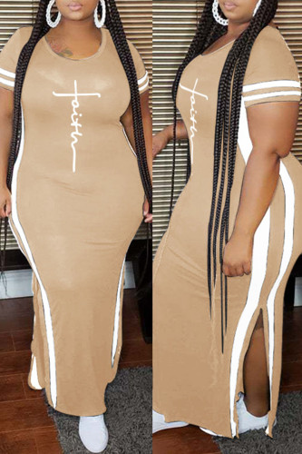 Apricot Fashion Casual Plus Size Print Slit O Neck Short Sleeve Dress