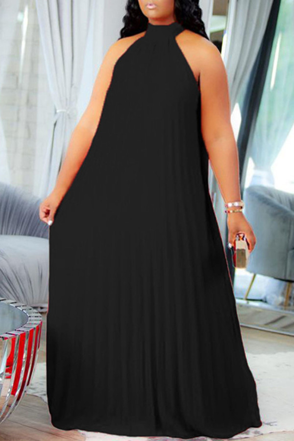 Vestidos plus size pretos elegantes e sólidos de retalhos com dobra A linha