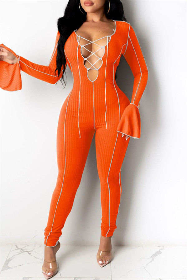 Orangefarbene, modische, lässige, solide, ausgehöhlte, dünne, Patchwork-Jumpsuits mit V-Ausschnitt