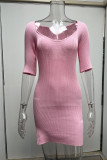 Pink Sexy Solid Patchwork U Neck Pencil Skirt Dresses