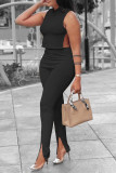 Black Sexy Solid Hollowed Out Patchwork Slit O Neck Sleeveless Two Pieces