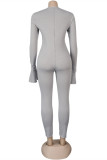 Grey Fashion Casual Solid Hollowed Out Patchwork V Neck Skinny Jumpsuits