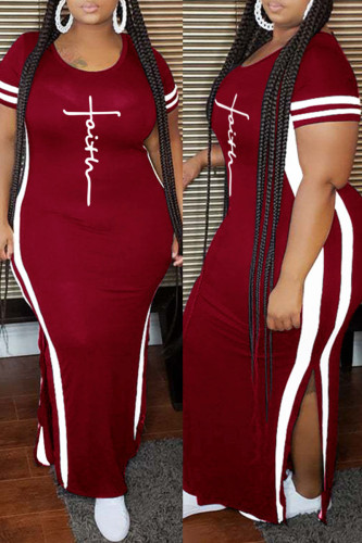 Burgundy Fashion Casual Plus Size Print Slit O Neck Short Sleeve Dress