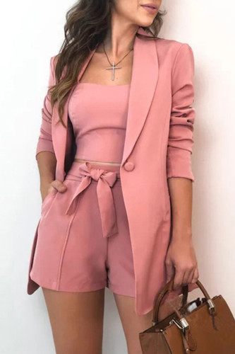 Pink Casual Solid Split Joint Buttons Turn-back Collar Long Sleeve Four Pieces