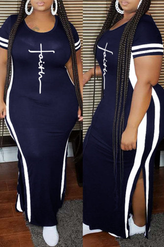 Tibetan Blue Fashion Casual Plus Size Print Slit O Neck Short Sleeve Dress