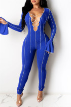 Blue Fashion Casual Solid Hollowed Out Patchwork V Neck Skinny Jumpsuits