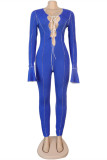 Blauwe mode casual effen uitgeholde skinny jumpsuits met v-hals en patchwork