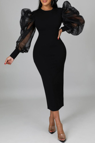 Black Fashion Casual Solid Split Joint O Neck Long Sleeve Dresses