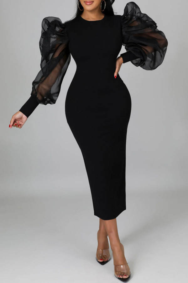 Zwarte mode casual effen patchwork O-hals jurken met lange mouwen