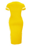 Orange Fashion Casual Plus Size Print Slit O Neck Short Sleeve Dress