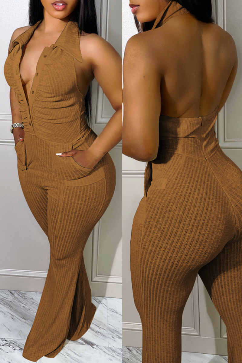 

Brown Sexy Casual Solid Backless Fold Turndown Collar Skinny Jumpsuits