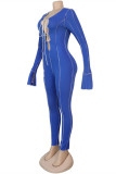 Blauwe mode casual effen uitgeholde skinny jumpsuits met v-hals en patchwork